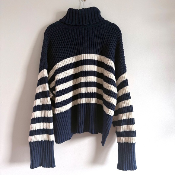 NWT Madewell Wide Rib Turtleneck Sweater | Women’s Large | Indigo Stripe Knit - Picture 4 of 10